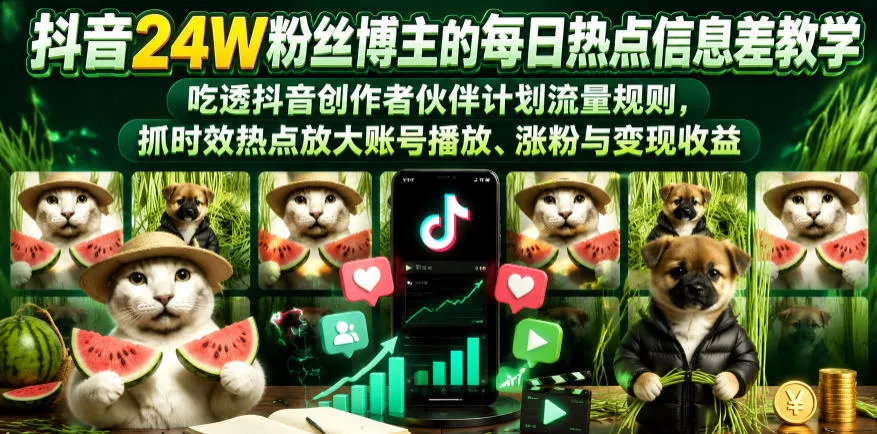 抖音24W粉丝博主的每日热点信息差教学，吃透创作者伙伴计划流量规则，抓时效热点放大账号播放、涨粉与变现收益(更新) - 项目资源网