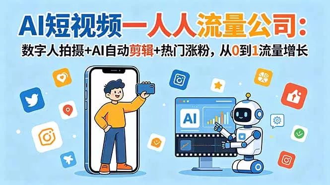 AI短视频一人流量公司：数字人拍摄+AI自动剪辑+热门涨粉，从0到1流量增长 - 项目资源网
