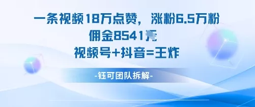 一条视频18W点赞，涨粉6.5W粉佣金8541米，视频号+抖音=王炸 - 项目资源网