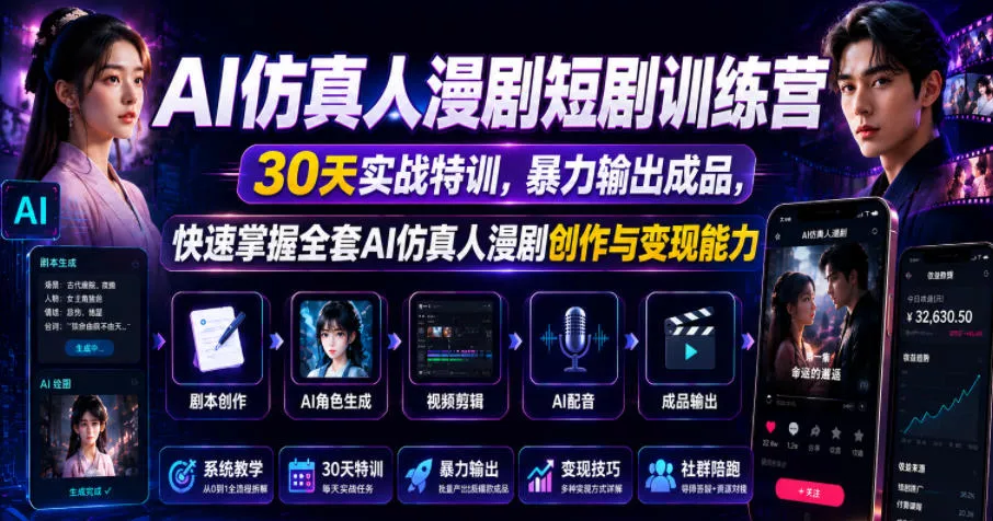AI仿真人漫剧短剧训练营，30天实战特训，暴力输出成品，快速掌握全套AI仿真人漫剧创作与变现能力 - 项目资源网