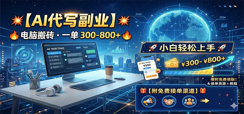 AI代写副业，电脑搬砖，一单300-800+，小白轻松上手，附免费接单渠道 - 项目资源网