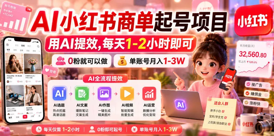 AI小红书商单起号项目，用AI提效,每天1-2小时即可，0粉就可以做，单账号月入1-3W - 项目资源网