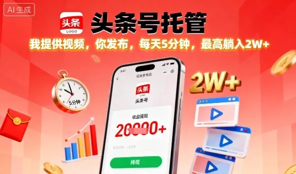 【头条号托管】我提供视频，你发布，每天5分钟，最高躺入2W+【揭秘】 - 项目资源网