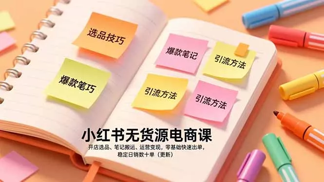 小红书无货源电商课，开店选品、笔记搬运、运营变现，零基础快速出单，稳定日销数十单(更新 - 项目资源网
