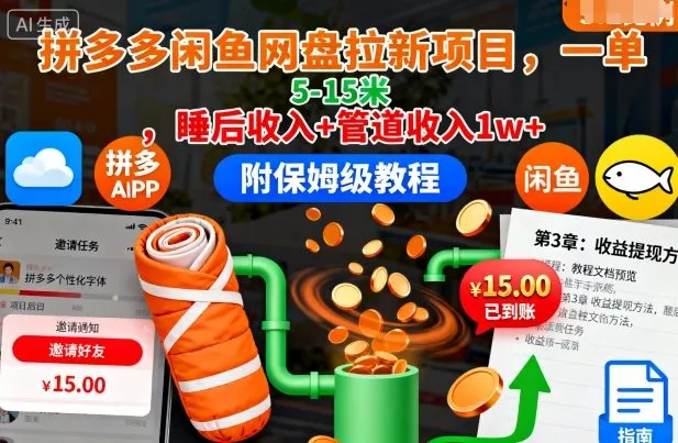 拼多多闲鱼网盘拉新项目，一单5-15米，睡后收入+管道收入1w+(附保姆级教程) - 项目资源网