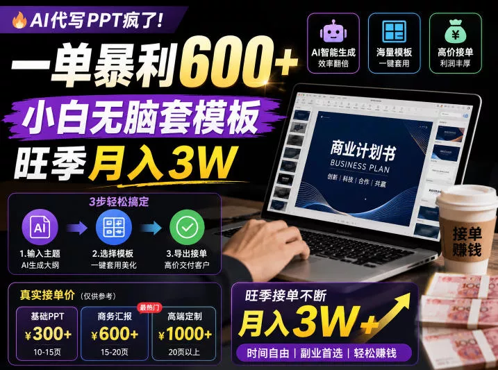 AI代写PPT疯了！一单暴利600+，小白无脑套模板，旺季月入3W，不用苦哈哈引流【揭秘】 - 项目资源网