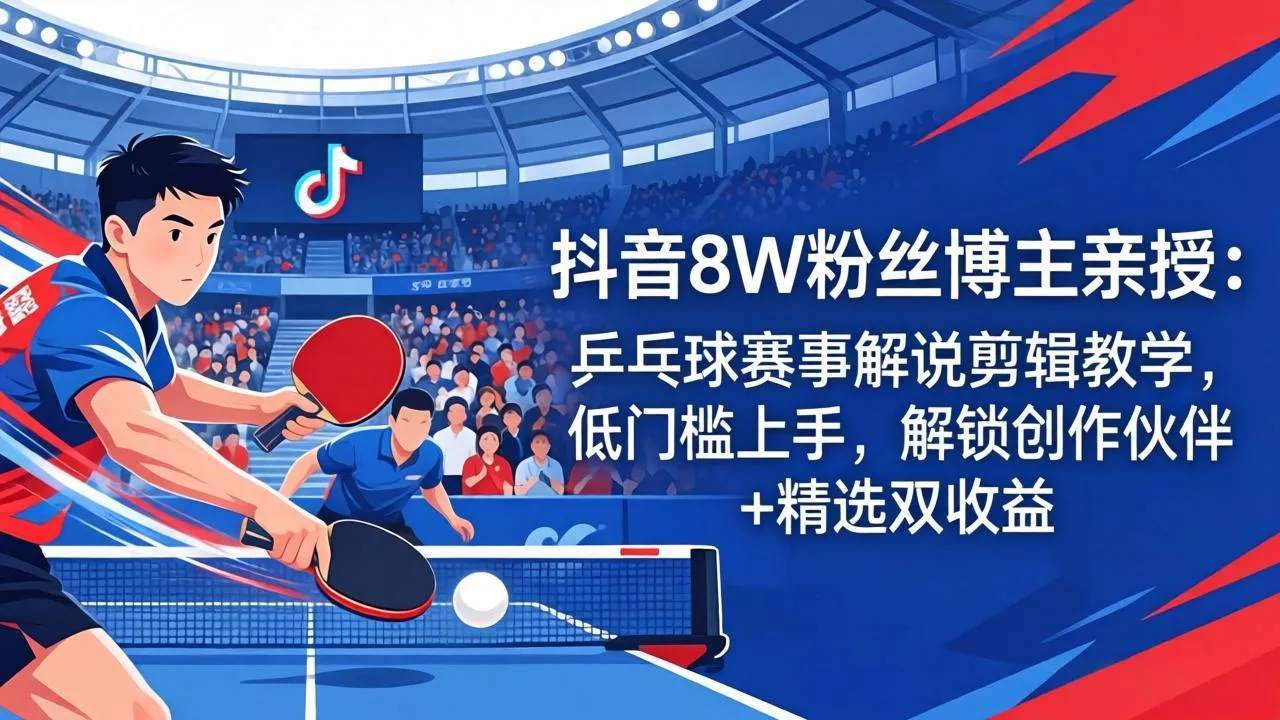 抖音8W粉丝博主亲授：乒乓球赛事解说剪辑教学，低门槛上手，解锁创作伙伴+精选双收益 - 项目资源网