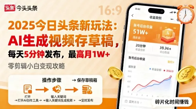 2025年今日头条躺賺新玩法，AI生成视频存草稿，每天5分钟发布，最高月1W+【揭秘】 - 项目资源网