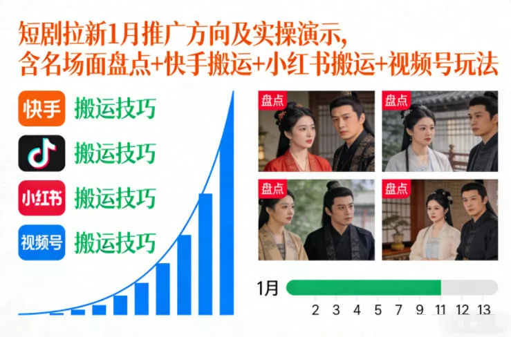 短剧拉新1月推广方向及实操演示，含名场面盘点+快手搬运+小红书搬运+视频号玩法 - 项目资源网