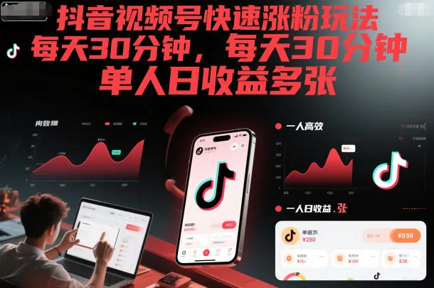 抖音视频号快速涨粉玩法，每天30分钟，单人日收益多张 - 项目资源网
