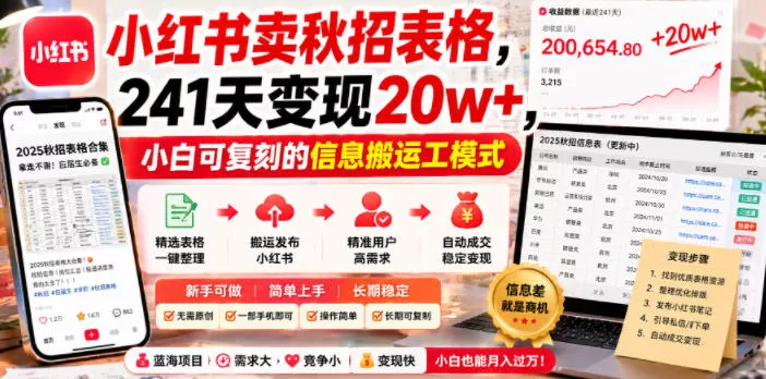 小红书卖秋招表格，241天变现20w+，小白可复刻的信息搬运工模式 - 项目资源网