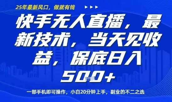 快手无人直播最新技术，当天见收益，一部手机即可操作，保底日入5张，副业的不二之选【揭秘】 - 项目资源网