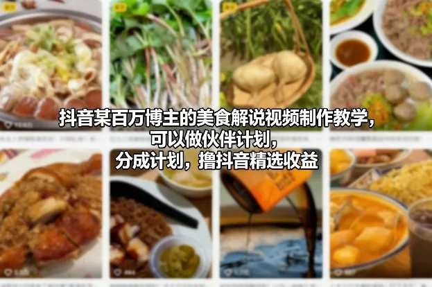 抖音某百万博主的美食解说视频制作教学，可以做伙伴计划，分成计划，撸抖音精选收益 - 项目资源网